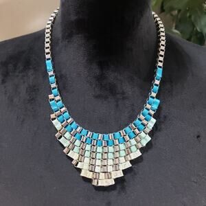 Women Fashion Monique Blue & Green Ribbon Statement Necklace with Lobster Clasp